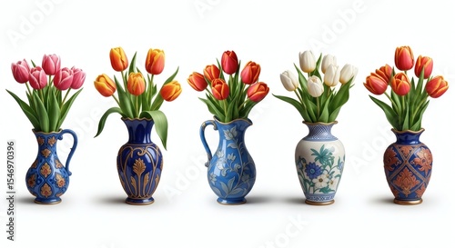 Tulip Bouquet Variety in Decorative Vases, Isolated