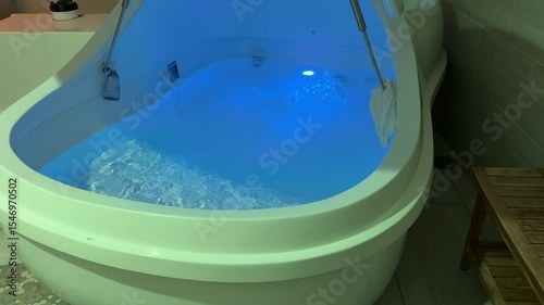 A serene video of a white bathtub with blue water invites relaxation