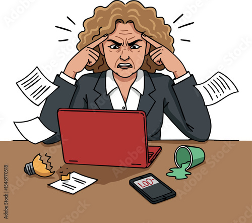 Frustrated businesswoman with laptop and spilled coffee in office workspace vector illustration 