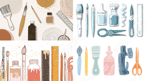 Hand-drawn art and craft tools illustration set featuring brushes, rulers, scissors, glue, pens, and paint supplies in pastel tones. Perfect for creative, DIY, and design projects.