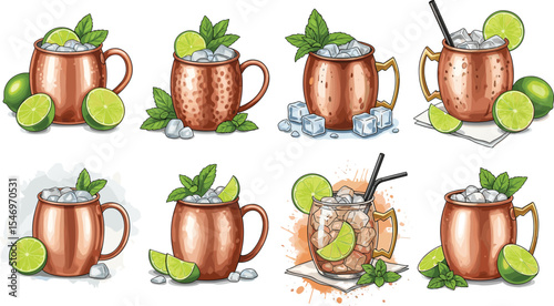 Moscow Mule cocktail served in copper mugs with ice, lime slices, mint leaves, and straws. Watercolor illustration collection on white background. Summer drink and bar menu concept.