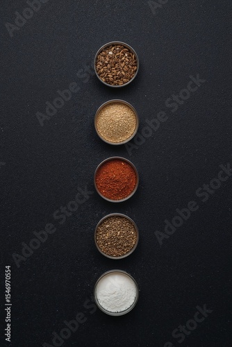 Top-Down View of Assorted Spices in Small Containers on Black Matte Background