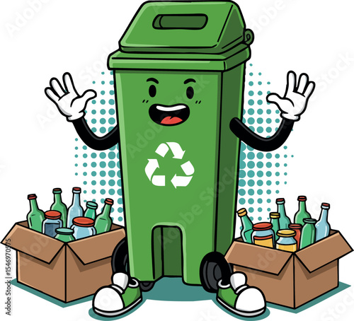 Green Recycling Bin Character with Glass Bottles and Cardboard Boxes Vector Illustration 
