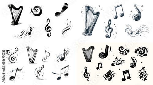 Hand-drawn black and white music icon set featuring harps, notes, treble clefs, and swirling sound motifs. Artistic sketch style perfect for musical and creative design projects.