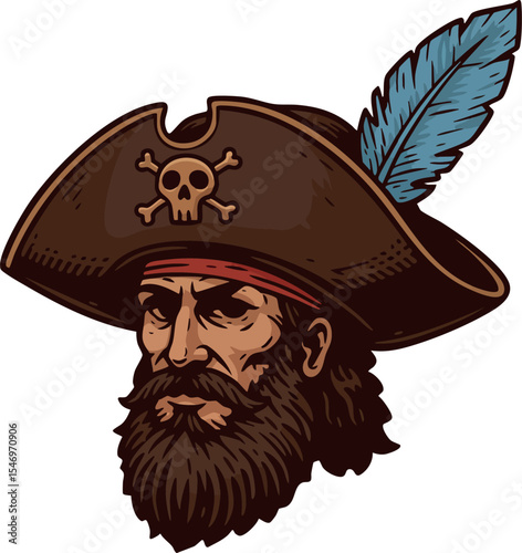 Pirate captain head with feathered hat skull symbol dark brown beard illustration vector 