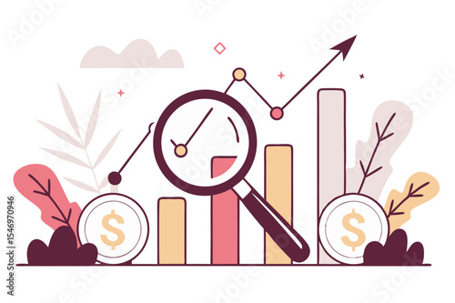a large magnifying glass over financial graphs and bar charts, flanked by dollar coins and decorative leaves. It visualizes financial analysis, investment research, and economic growth.