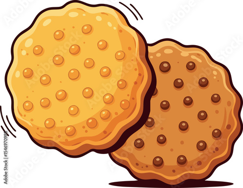 Two round cookies with textured surfaces and golden brown shades vector illustration 