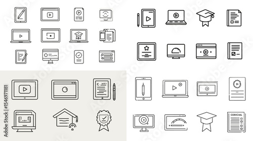 Online education and e-learning icon set in monochrome style featuring laptops, certificates, graduation caps, and video lessons. Perfect for digital learning apps and course platforms.