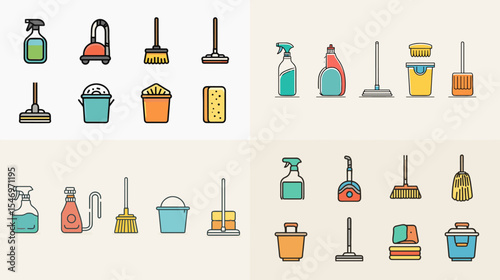 Cleaning tools and supplies icon set in flat style featuring spray bottles, mops, buckets, vacuums, sponges, and brooms. Perfect for housekeeping, hygiene apps, and home service visuals.