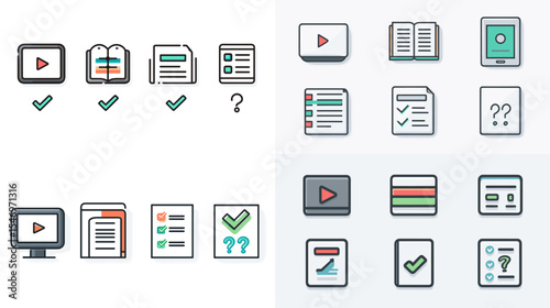 E-learning and digital education icon set in flat style featuring video tutorials, books, checklists, and quiz symbols. Perfect for online courses, apps, and learning platforms.