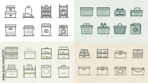 Storage and organization icon set in minimalist line art style featuring boxes, bins, shelves, baskets, and laundry items. Ideal for home, office, and warehouse visuals.