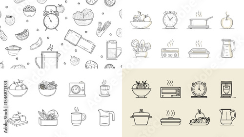 Hand-drawn kitchen and food preparation icon set featuring fruits, vegetables, bowls, blenders, and cooking tools. Perfect for culinary projects, recipe blogs, and food packaging.