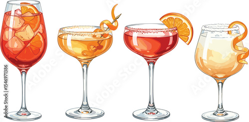 Set of Sidecar cocktail with sugar rim and orange peel garnish in coupe glass. Watercolor illustration of classic brandy-based citrus drink isolated on transparent background.