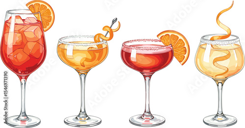 Set of Sidecar cocktail with sugar rim and orange peel garnish in coupe glass. Watercolor illustration of classic brandy-based citrus drink isolated on transparent background.
