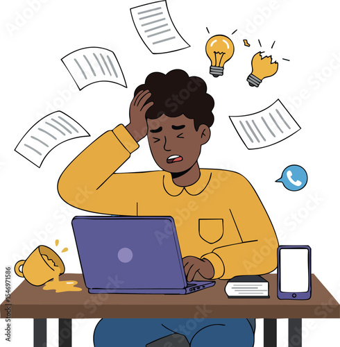Stressed man working on laptop with spilled coffee and flying papers vector illustration 