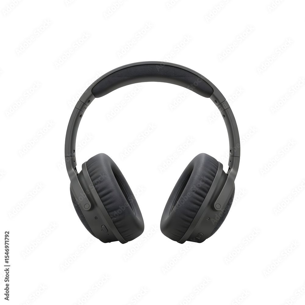 Modern black wireless over-ear headphones on plain background Modern black wireless over-ear headphones on plain background