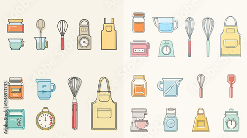 Colorful kitchen tools and baking icon set in hand-drawn style, including apron, whisk, scale, cup, and timer. Perfect for cooking blogs, recipe apps, and culinary projects.