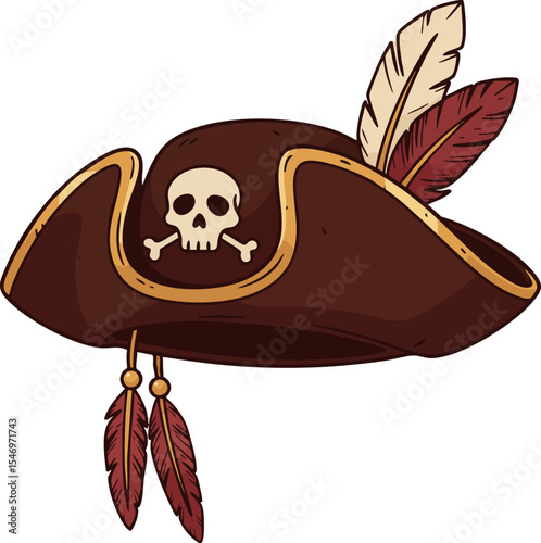 Pirate hat with skull bones and feathers in brown and beige colors vector illustration 