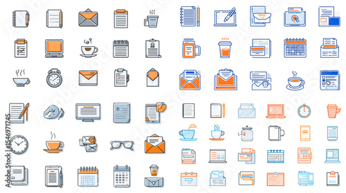 Modern office and productivity icon set featuring mail, calendar, coffee, clock, and stationery items in clean outline style. Perfect for apps, websites, and business presentations.