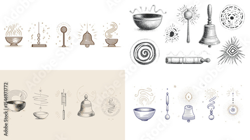 Mystical singing bowl, bell, and spiritual object illustrations with hand-drawn line art and esoteric symbols. Ideal for wellness, meditation, and sound healing visuals.