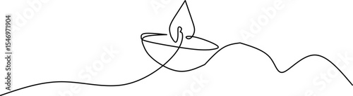 Minimalist one-line drawing of a Diwali oil lamp (diya) with a flame, symbolizing light, peace, and festivity, perfect for cultural, festive, or spiritual themes.