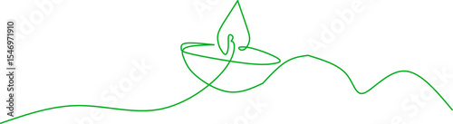 Minimalist one-line drawing of a Diwali oil lamp (diya) with a flame, symbolizing light, peace, and festivity, perfect for cultural, festive, or spiritual themes.