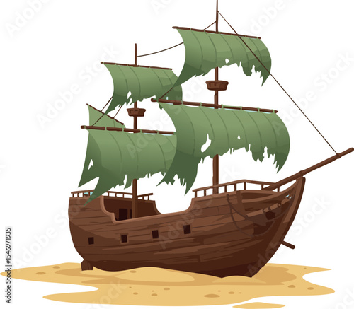Old wooden sailing ship with green torn sails floating on water vector illustration 