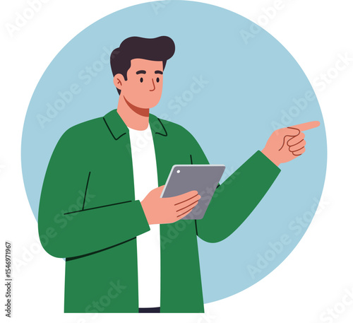 Young man holding tablet pointing finger gesture technology usage in casual green jacket vector illustration 