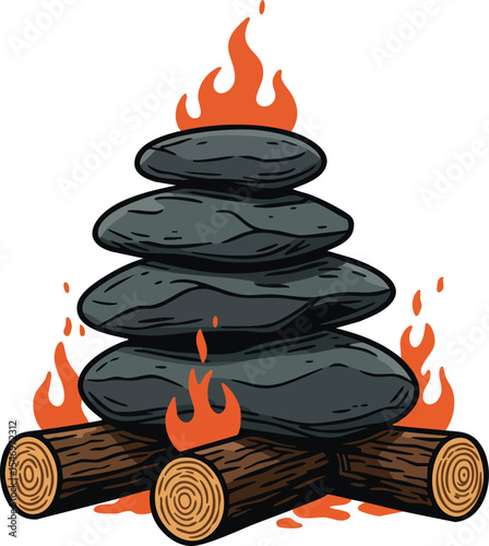 Stack of black stones with burning campfire logs vector illustration natural outdoor scene 