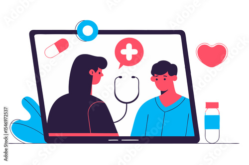 A digital display features a female doctor interacting with a male patient, surrounded by medical icons like a stethoscope, heart, pills, and a cross, symbolizing online medical consultation or telehe