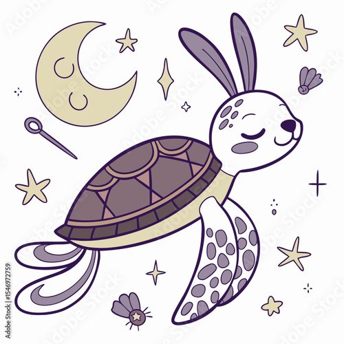 An adorable Sea turtle with a Dreamy vibe, wearing bunny slippers, and a Magical Night Starry night theme – SVG style