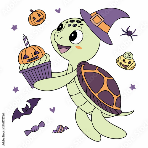 Playful Joyful Sea turtle design, styled with holding a cupcake and Spooky Fun shades in a Halloween setting