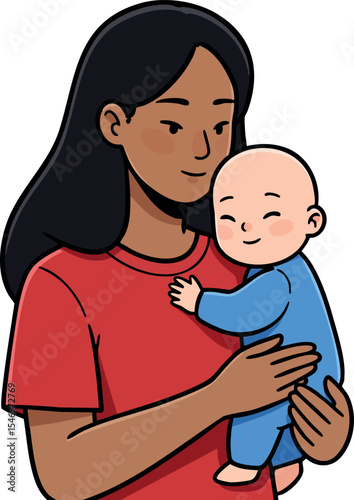 Mother holding baby in red shirt tenderly embracing infant vector illustration 