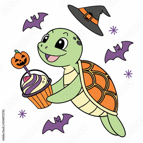Playful Joyful Sea turtle design, styled with holding a cupcake and Spooky Fun shades in a Halloween setting