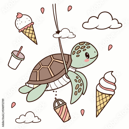 Cute SVG of a Content Sea turtle in Scoops & Swirls colors, featuring on a cloud swing in a Ice cream party setting