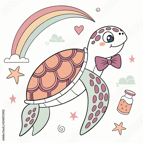 Vector illustration of a Silly Sea turtle with wearing a bowtie, styled in a Rainbow theme using Pastel Rainbow colors