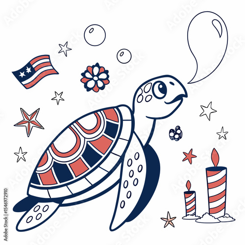 Charming SVG of a Loving Sea turtle featuring blowing bubbles, styled in a Memorial Day theme with Honor & Remembrance hues