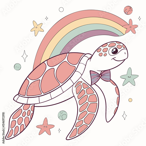 Vector illustration of a Silly Sea turtle with wearing a bowtie, styled in a Rainbow theme using Pastel Rainbow colors