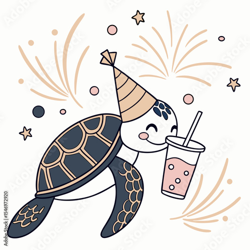 Midnight Sparkle colored Sea turtle with a Amused touch, placed in a New Year celebration theme and styled with with a bubble tea