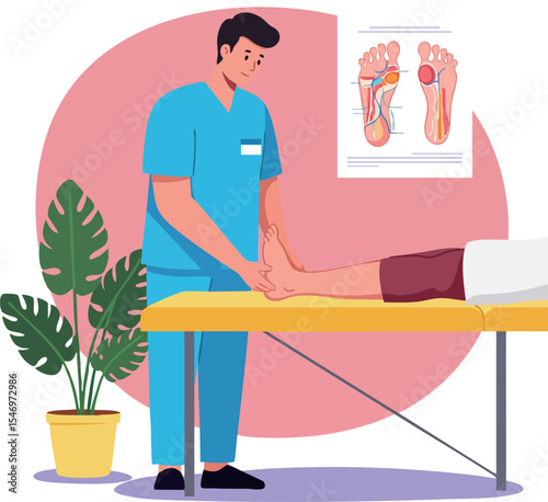Male Physiotherapist Providing Foot Massage Therapy in Clinic Room with Plant and Anatomy Poster