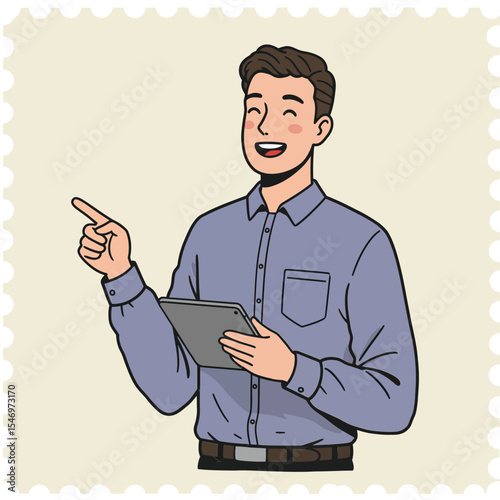 Young man holding tablet and pointing finger digital device usage technology illustration 