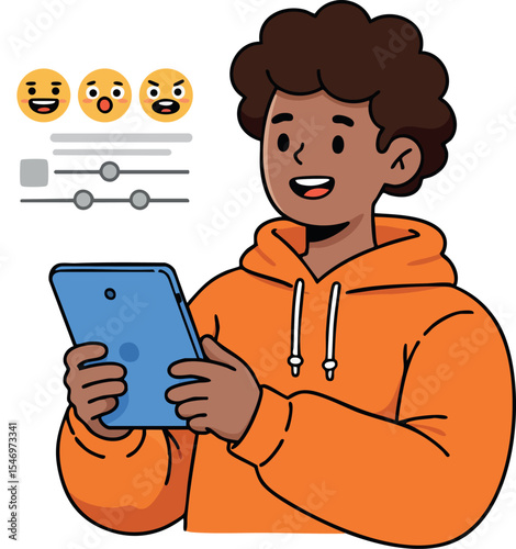 Young person adjusting emoji reactions on digital tablet with orange hoodie vector illustration 