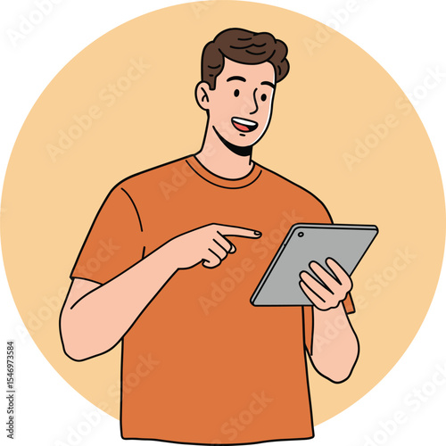 Young man using tablet technology device with orange shirt digital illustration in flat style vector