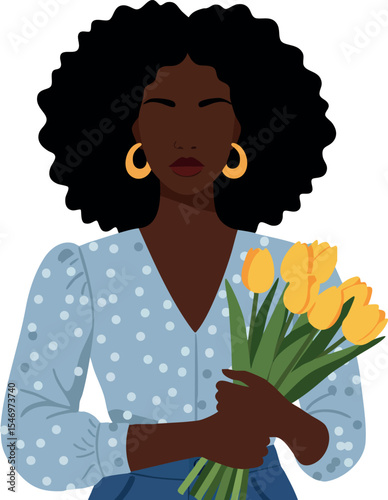 Woman with afro hairstyle holding yellow tulips in blue polka dot blouse vector illustration 