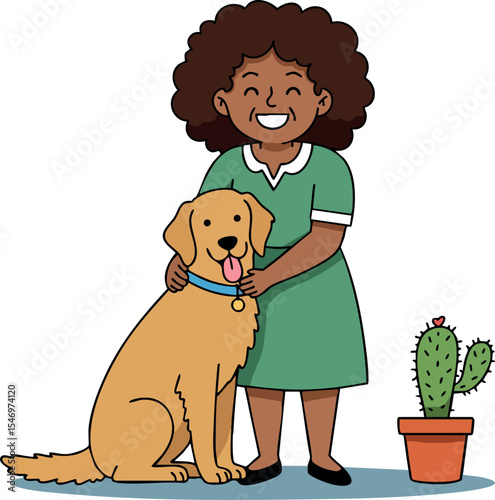 Child smiling with golden retriever dog and cactus plant vector illustration in green dress 