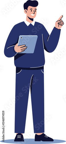 Young man holding tablet and pointing finger in casual outfit vector illustration