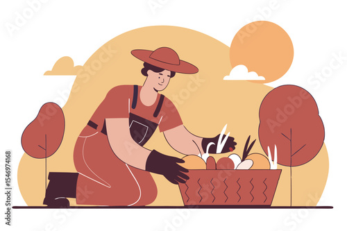 A person in a hat and gloves harvesting vegetables into a basket in a field, with trees and sun in the background.
