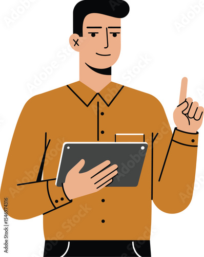 Man holding digital tablet with raised finger gesture for idea or instruction in brown shirt vector illustration 
