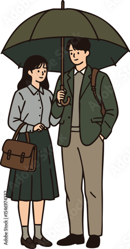 Young couple standing under umbrella sharing rainy day moment vector illustration 