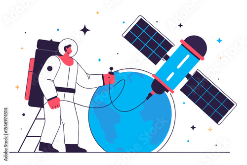 A stylized illustration of an astronaut connected to a satellite orbiting the Earth, representing space exploration and communication.